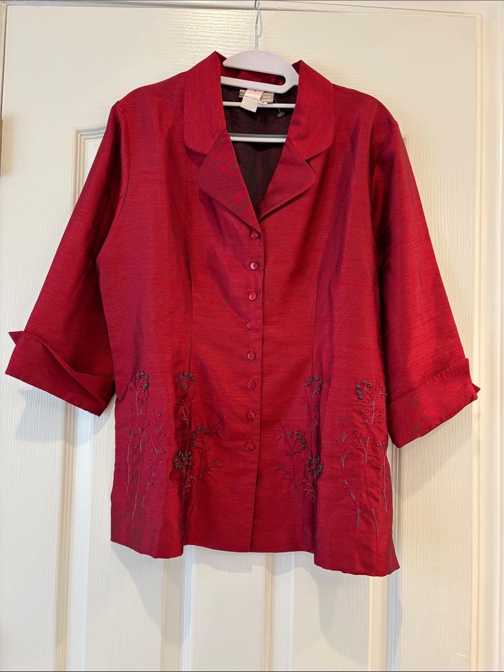 Coldwater Creek Red Button-Front Embroidered Blouse